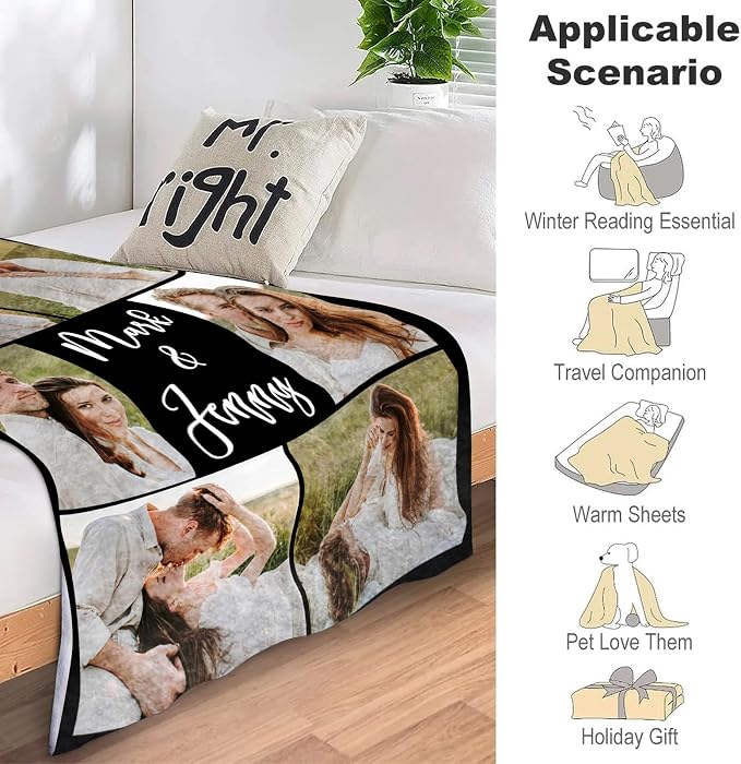 ICELIETE Custom Blanket with Picture Customized Fleece Photo Blanket for Couples Gifts Personalized Blankets and Throws Christmas Valentines Day Gifts for Boyfriend Girlfriend