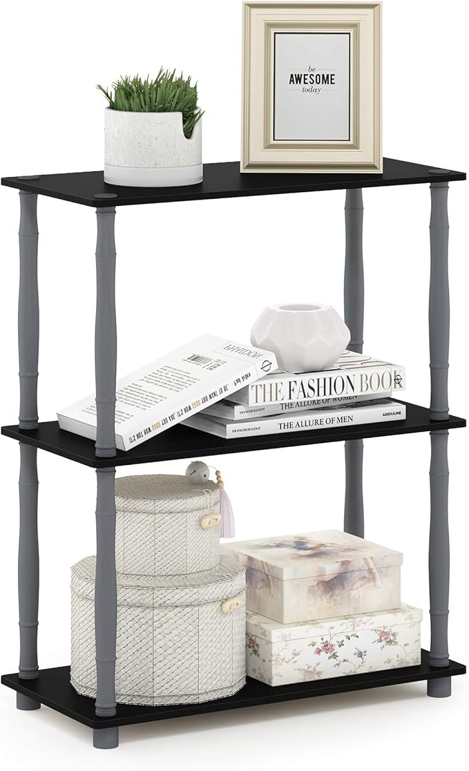 Furinno Turn-N-Tube 3-Tier Compact Multipurpose Shelf Display Rack with Classic Tube, Black/Grey | Open Frame Corner Shelf, for Organization and Storage, Living Room, Garage, Home Office