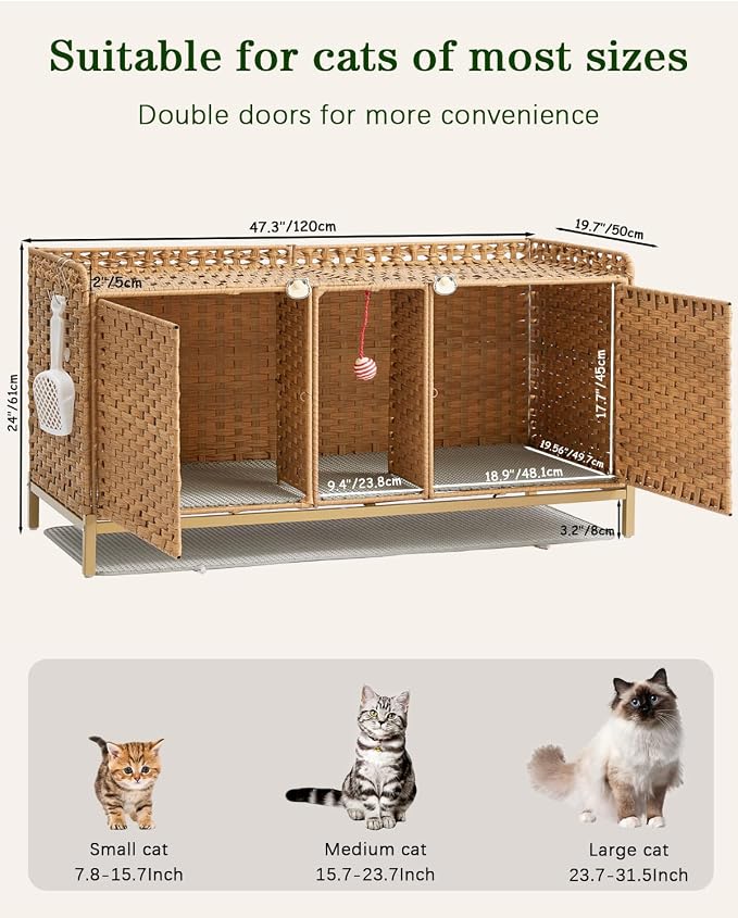 SETVSON Cat Litter Box Enclosure for 2 Cats, Hidden Cabinet, Natural | Handwoven PE Rattan with Double Mats, Spacious Double Room Kitty Furniture, 2 S-Hooks, 47.3x19.7x24 In Spacious & Versatile