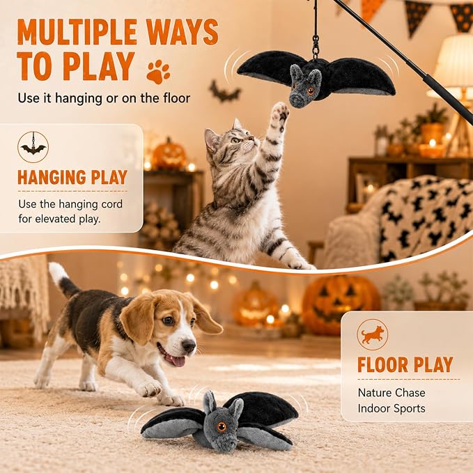 Flying Bat Dog Toy,Flapping Bird Interactive Cat Toy,Flying Bt Toy for Dogs | Cute Flapping Wings Electric Teasing Cat/Dog Toy,Indoor Chase Toy for Exercise,Hanging and Ground Play(1Pc)