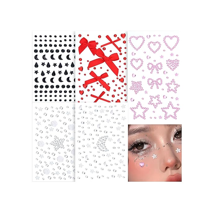 SAOROPEB 5 Sheets Face Gems Face Jewels Stickers, Self Adhesive Eye Body Face Nail Crystal Rhinestones Rainbow for Women Festival Accessory and Nail Art Decorations