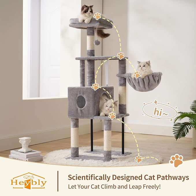 Heybly Cat Tree with Toy, 49.2 inch Cat Tower for Indoor Cats HCT200SW-1 | Spacious Cat House Condo with Hidden Space，Soft Plush Top Perch，Cozy Hammock and Sisal Scratching Posts, Light Gray