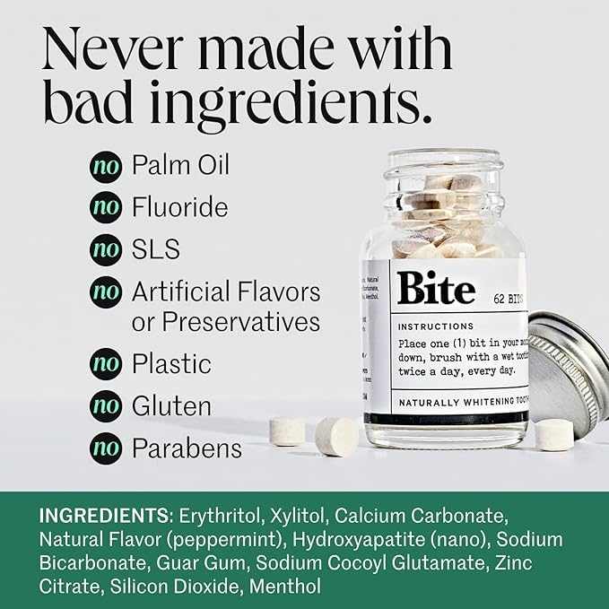Bite Whitening Toothpaste Tablets – 2 Months – Fluoride Free, Nano Hydroxyapatite + Xylitol, Mint – Vegan, Cruelty-Free, Made in USA, Sensitive Teeth, Travel Size, Adults, Kids, (2 Bottles, 124 Tabs)