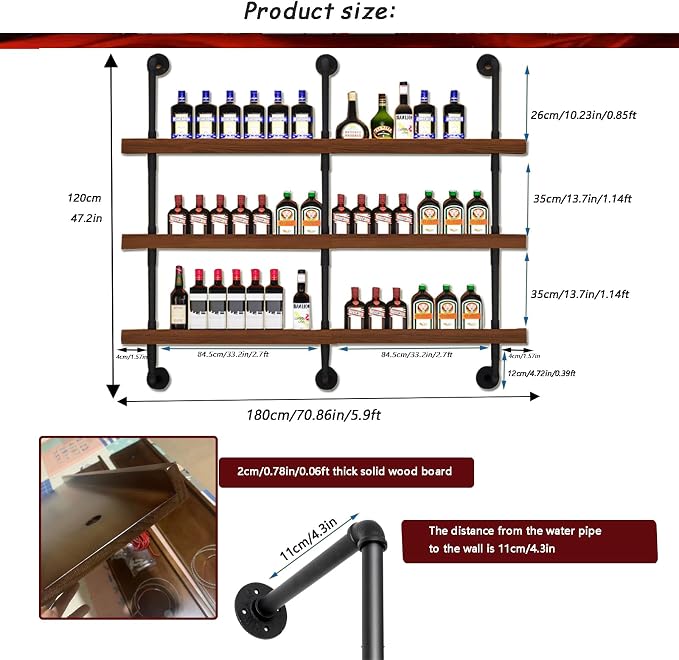 70.8in Wall Mounted Wine Rack with LED Light Solid Wood | 3-Tiers Liquor Bottles Floating Shelves Display Storage Organizer for Home Bar & Dining Room