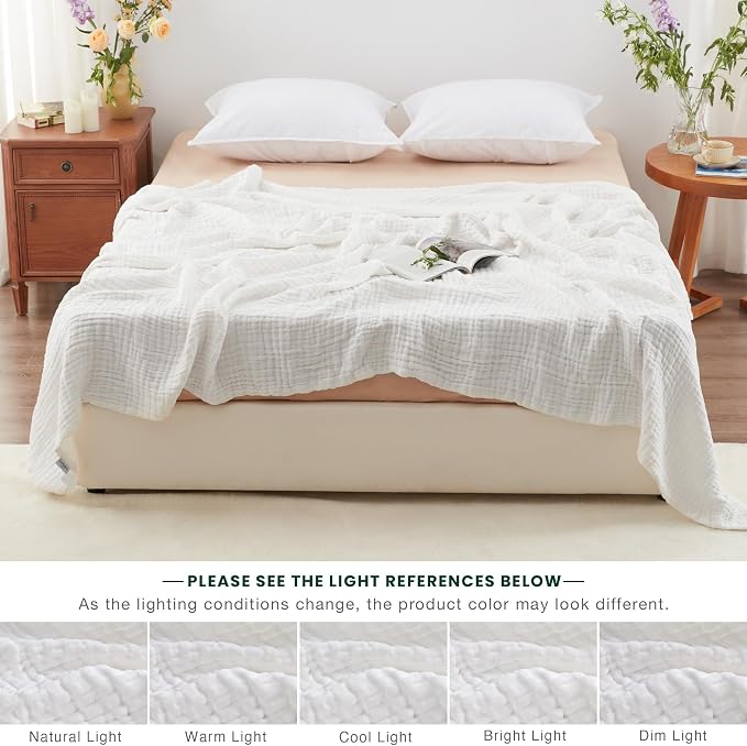 Love's cabin 100% Cotton Muslin Blanket, 6 Layer Lightweight Breathable Gauze Queen Size Blanket 90 x 90 Inches, Soft All Season Blanket for Bed, White
