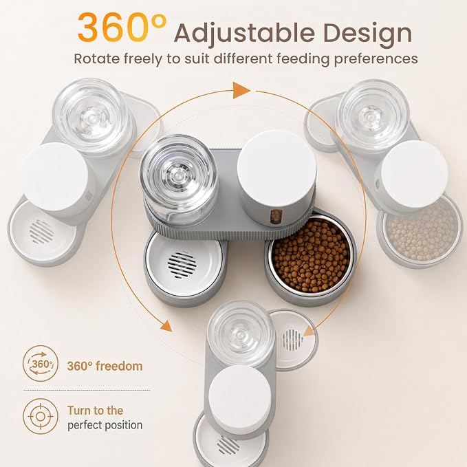 Gravity Cat Feeder 2 Pack Automatic Food Feeder and Water Dispenser Set Detachable Pet Bowl with Silicone Mat and Brush for Cats Small Medium Dogs, Large Capacity(Grey)