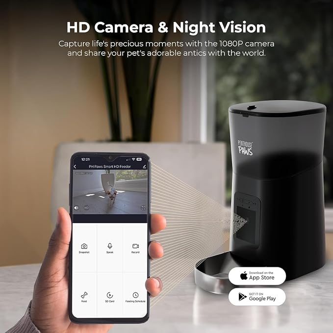 Smart HD Pet Feeder, 6L, Black/Stainless Steel | 1080p Camera, 2-Way Audio, Voice Recording, Night Vision, Scheduled Meals, Backup Power, Easy to Clean, Anti-Jam Design