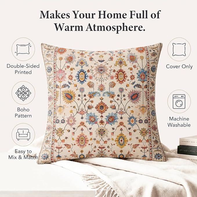 Boho Throw Pillow Covers 18x18 inch Set of 2,Soft Pillowcases Bohemia Carpet Printing Pattern Decorative Sofa Living Room Bed Square Pillow Case Cushion Cover-Flower