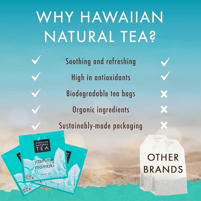 Hawaiian Natural Tea Organic Mamaki Jasmine Green Tea Blend - Antioxidant-Rich For Calming, Wellness, Bedtime, Anxiety & Stress - Gift for Special Ocassions, 20 Bags
