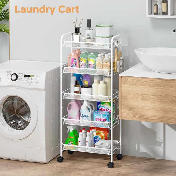 TOOLF 5 Tier Rolling Cart, Metal Utility Storage Cart with Wheels, White | 3 Hooks, Screwless Assembly, Trolley Organizer for Bathroom, Kitchen, Office, Nursery, Dorm, Laundry Room