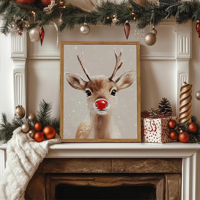 Framed Christmas Wall Art, Vintage Red Nose Reindeer Canvas Wall Decor Paintings, Rustic Winter Cute Deer Pictures Prints Farmhouse Home Decoration for Living Room Bedroom 12×16 inch