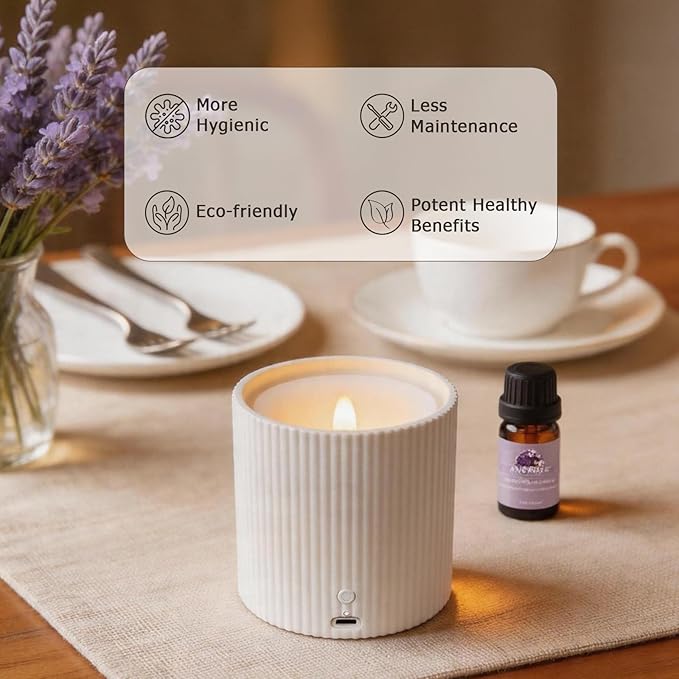 NO-Battery 2 in 1 LED Candle Waterless Diffuser and 3D Wick and Realistic Flame Candle,Flameless Candle Diffuser,Waterless Essential Oil Diffuser with 12PCS Cotton Pads(Only Connect USB Line Use)