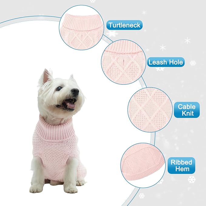 Mihachi Turtleneck Dog Sweater - Winter Coat Apparel Classic Cable Knit Clothes with Leash Hole for Cold Weather, Ideal Gift for Pet in New Year Rosy X-Small