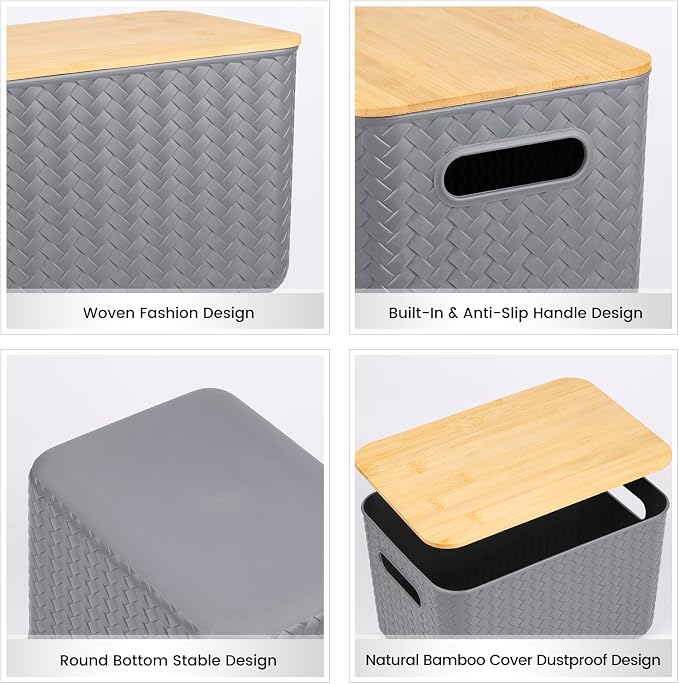 Ohmlove 4 Packs Storage Bins with Bamboo Lids - Plastic Storage Containers with Lids Stackable Storage Box：Storage Baskets for Organizing Desktop Closet Playroom Classroom Office,Gray