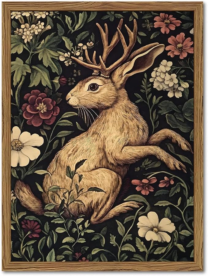 Vintage Rabbit Wall Art Whimsical Dark Cottagecore Jackalope Wall Decor Painting Moody Animal and Botanical Poster Canvas Print for Living Room Bedroom 16x24 inch Wood Framed