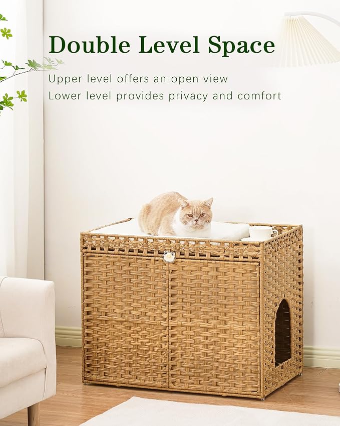 SETVSON Cat Litter Box Enclosure, Extra Large Hidden PE Rattan Natural | Spacious Double Door PE Rattan Cat Washroom Bench, Side Table Look, Fits Covered Litter Tray, 2 Mats, Metal Frame