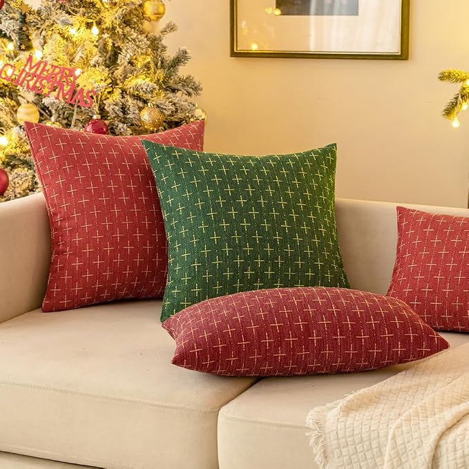 MIULEE Pack of 2 Christmas Decorative Burlap Linen Throw Pillow Covers Modern Farmhouse Pillowcase Rustic Woven Textured Cushion Cover for Sofa Couch Bed 18x18 Inch Christmas Green