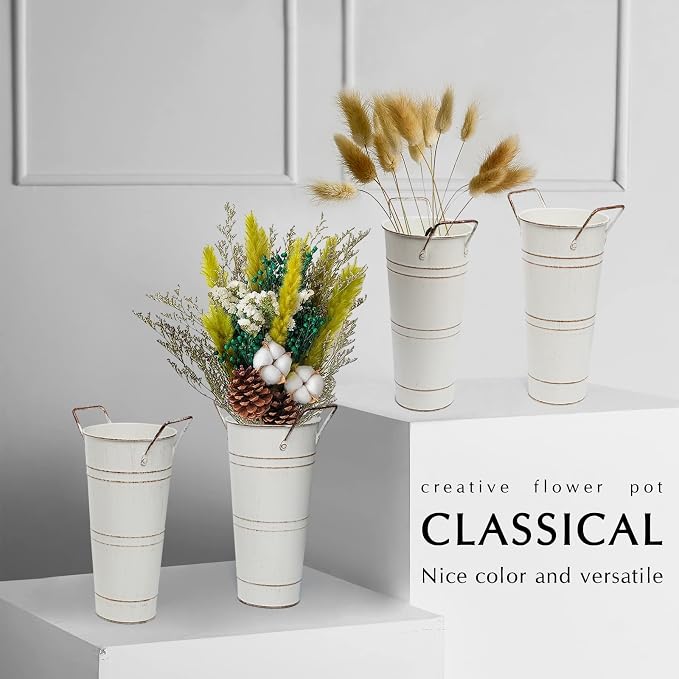 Notakia Galvanized Metal Vases Farmhouse French Flower Bucket Vases for Cut Flowers for Home Decor and Wedding Table Centerpiece Decorations (Beige 4Pcs)