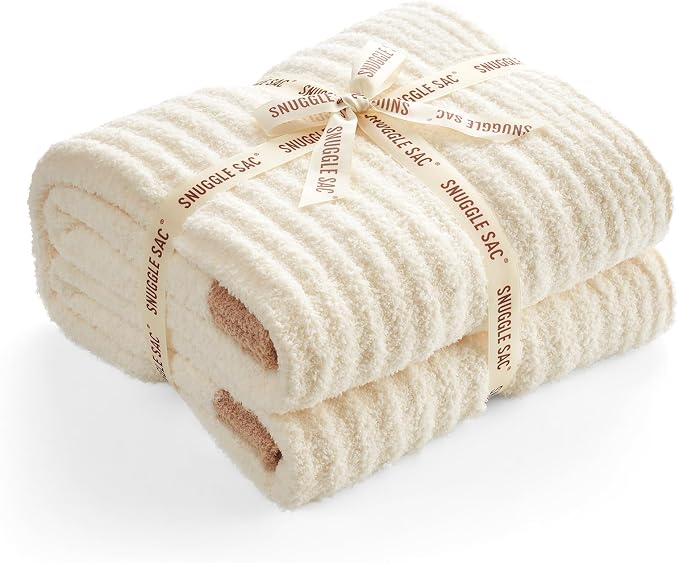 Snuggle Sac Fluffy Ribbed Cream Blanket Twin Size, Soft Luxurious Knit Throws, Fuzzy Plush Microfiber Blankets for Couch, Sofa, Bed, Cream, 60x80 inches