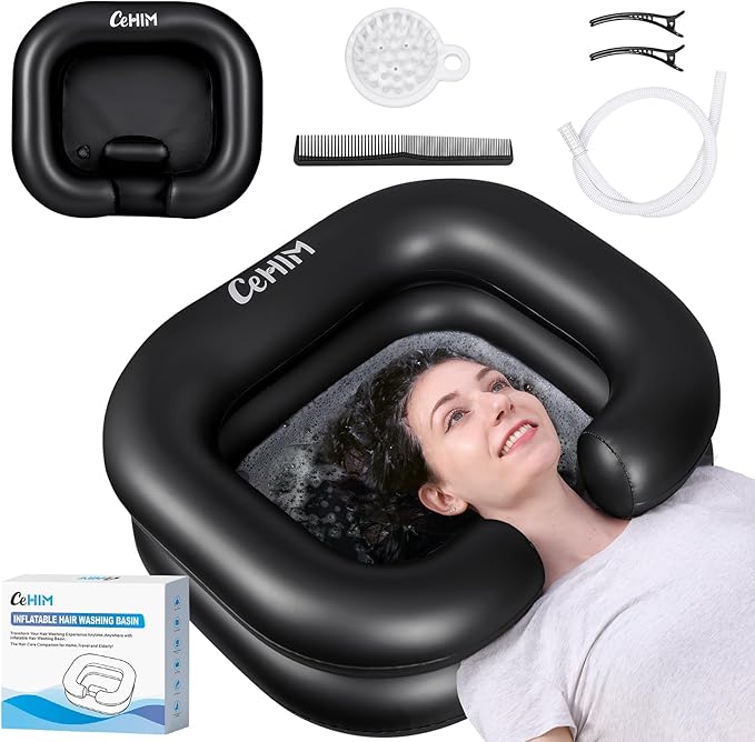 Inflatable Shampoo Basin - Portable Shampoo Bowl, Hair Washing Basin for Bedridden, Disabled,Injured, Hair Wash Tub for Dreadlocks and at Home Sink Washing (Black)