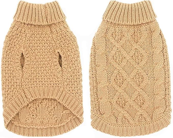 Mihachi Turtleneck Dog Sweater - Winter Coat Apparel Classic Cable Knit Clothes with Leash Hole for Cold Weather, Ideal Gift for Pet in New Year Khaki