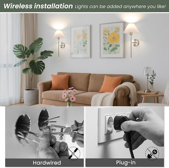 Wireless Wall Sconce Sets of 2, Pleated Shades Rechargeable Battery Operated Wall Sconce, Retro Industrial Brushed Nickel Bathroom Vanity Lights, Wall Mounted Lamps for Bedroom Living Room Hallway