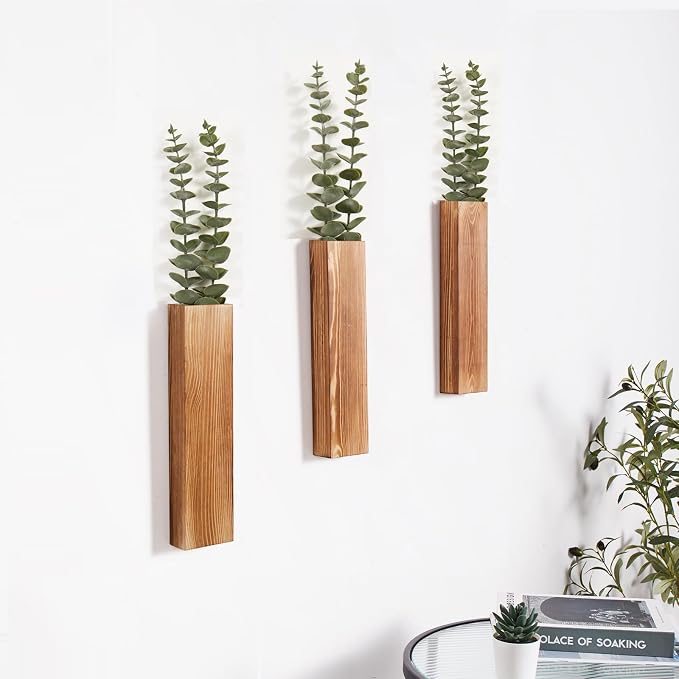 3 Pack Wood Wall Planters with 6 Faux Eucalyptus Stems for Wall Decor