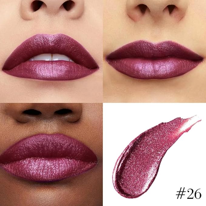 evpct Dark Red Metallic Glitter Lip Liner and Lipstick Combo Lip Gloss Stain Set Makeup for Women Long Lasting Waterproof 24, Dark Red Metallic Shimmer Frosted Iridescent Glossy Liquid Lipstick 26