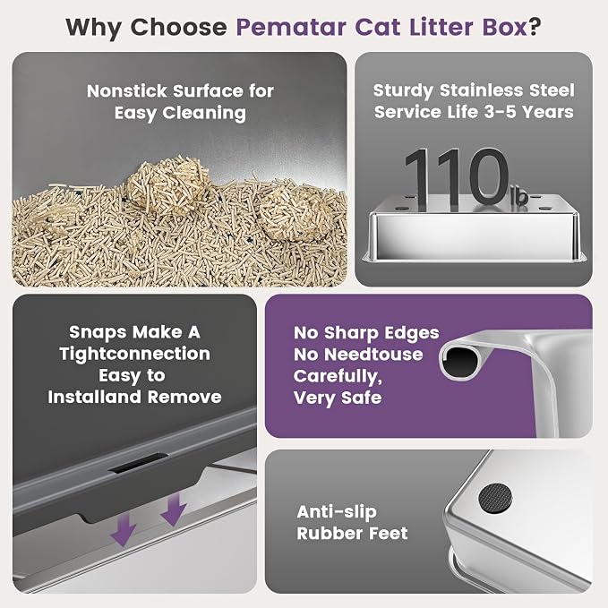 Stainless Steel Cat Litter Box with Lid, 26 x 18 x 12 in | XXXL Enclosed Cat Litter Boxes with Lid for Big Cats,High Sided, Anti-Urine Leakage Bottom Includes Litter Mat & Scoop