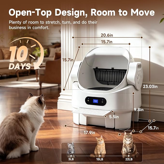 XL Automatic Self Cleaning Open Top Cat Litter Box, White | Multi-Sensor Safety, Ultra-Quiet, Easy Setup, Large Waste Bin, Easy to Clean, for Multi-Cat Homes