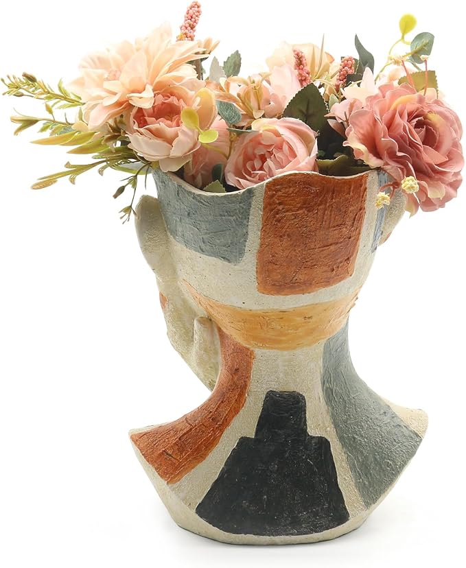 Lukitas Abstract Face Planter, Faux Sandstone Decorative Vase, Resin 10.5'' | Colorful Artistic Flower Plant Pot for Garden Patio Living Room Desk Shelf Decor