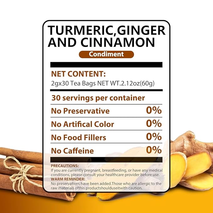 30 Premium Turmeric Ginger Cinnamon Tea Bags, 100% Natural Ingredients Herbal Tea, Turmeric Ginger Herbal Blend for Wellness & Digestive Support, Vegan, No Sugar, Caffeine-Free