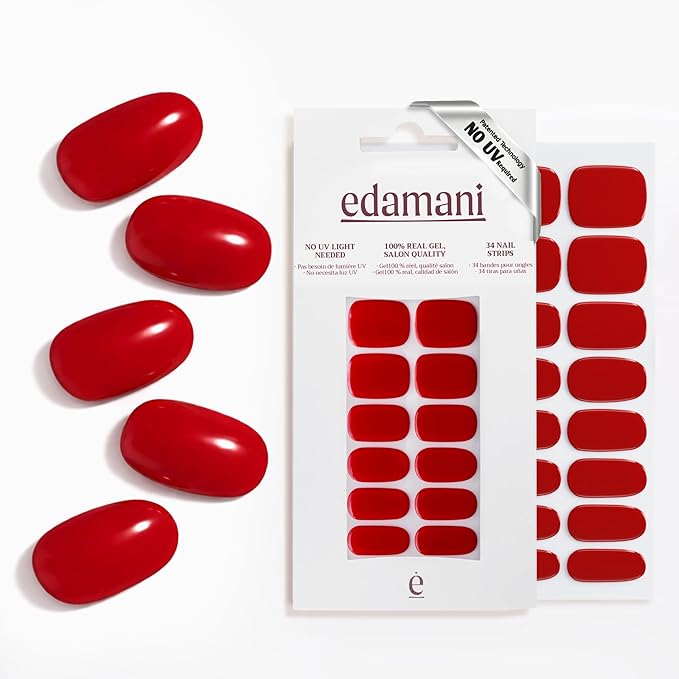 34 Piece Fully Cured Gel Nail Strips With No UV Light Needed, 14+ Days Gel Nail Polish Stickers, Salon Quality, Easy to Apply & Remove – Toxin Free, No Damage (Red Rush)