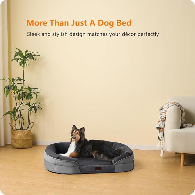 Dwanton Orthopedic Waterproof Large Dog Bed Sofa, Gel Memory Foam, 38" | Egg-Crate Foam Dog Sofa, Washable Pet Bed with Four Sided Bolster Cushion, Removable Cover & Non-Slip Bottom, Dark Grey