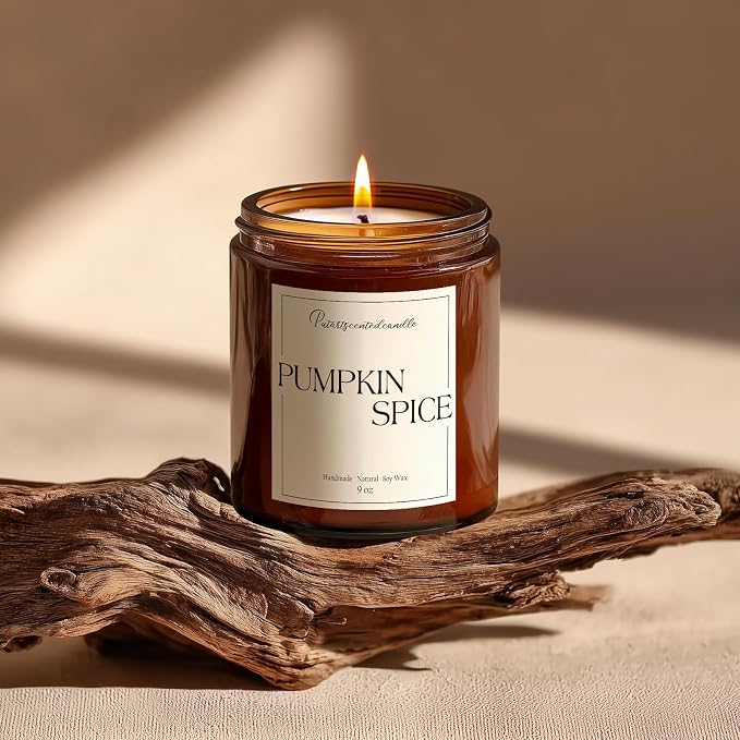 Pumpkin Spice Scented Candles for Home, Natural Soy Wax Aromatherapy Non Toxic Pumpkin Fall Candle Gifts for Women Men, Autumn Amber Glass Jar Candle Decoration for Halloween Holidays (9oz