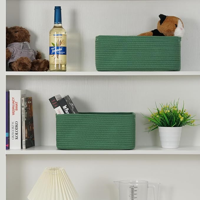 3 Pack Storage Baskets for Organizing, 13.7×9.5×6.3", Green | Woven Baskets for Shelves, Cotton Rope Basket for Gifts Empty, Closet Organizer Bins with Handles, Cube Decorative Box