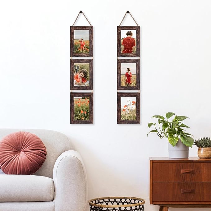 QUTREY 4x6 Collage Picture Frames, 6 Openings Vertical Hanging Photo Frame Set of 2, 4 by 6 inch Multi Picture Frames for Wall, Distressed Brown