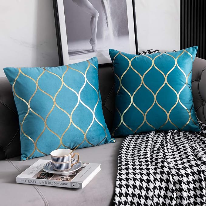 22x22 Inch Gold Velvet Throw Pillow Covers: 2 Pack Square Decorative Pillow Cases for Bedroom Sofa Couch Living Room, Turquoise