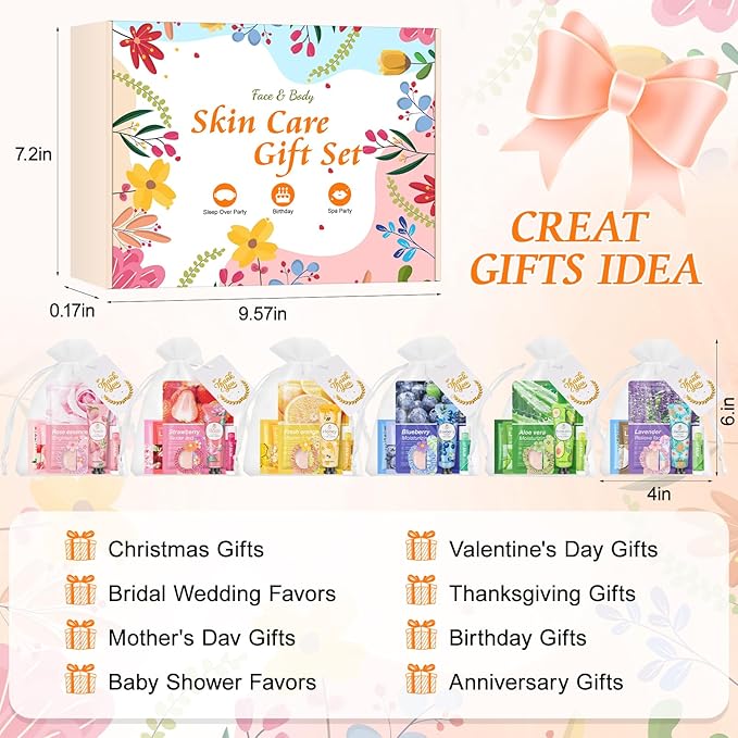 60PCS Bulk Gifts for Women, Spa Party Supplies with Face Masks Skincare, Under Eye Patches, Hand Cream, Lip Balm, Lip Mask, Nail Files, Spa Party Favors for Bridal Wedding Birthday Sleepover Party