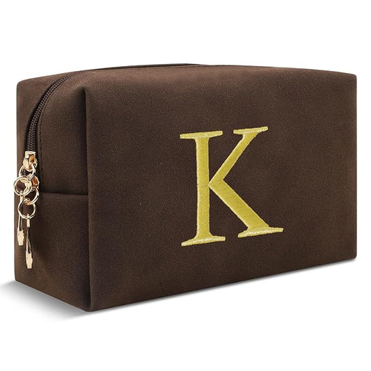 Personalized Initial Makeup Bag,Preppy Suede Cosmetic Bag for Teen Girls,Small Monogram Travel Toiletry Bag With Gold Embroidered Letter,Trendy Stuff Custom Christmas Gift for Women(Coffee-K)