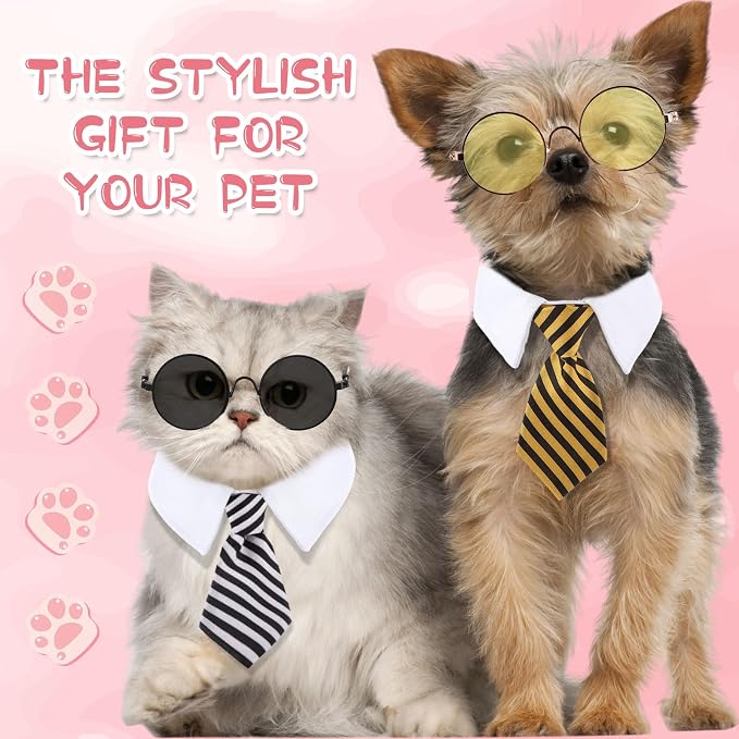 Weewooday 8 Pcs Pet Dog Cat Costume Cat Dog Sunglasses and Tie Collar Round Glasses for Small Puppy Tuxedo Necktie Collar Puppy Accessories Halloween Cosplay Birthday Christmas Party(Bright Colors)
