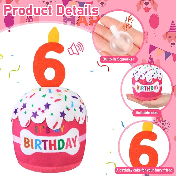 Dansydaisy Dog Birthday Cake Toy Squeaky Plush Gift,6th,Pink