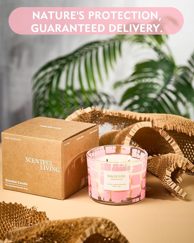M&SENSE Garden Rose Scented,11.6oz Natural Soy Wax Non Toxic for Home, 3 Wick Jar Candle, Up to 60 Hours Burn time, Home Decor Housewarming Gift for Women and Men