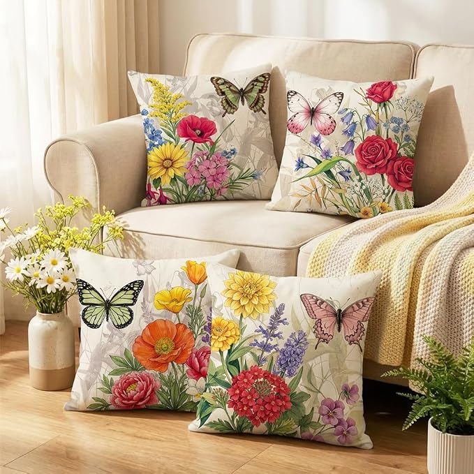 wyooxoo Throw Pillow Covers 20x20 Set of 4 Decorative Spring Pillow Covers Linen Flower Butterfly Farmhouse Pillowcases for Sofa Couch Living Room Outdoor