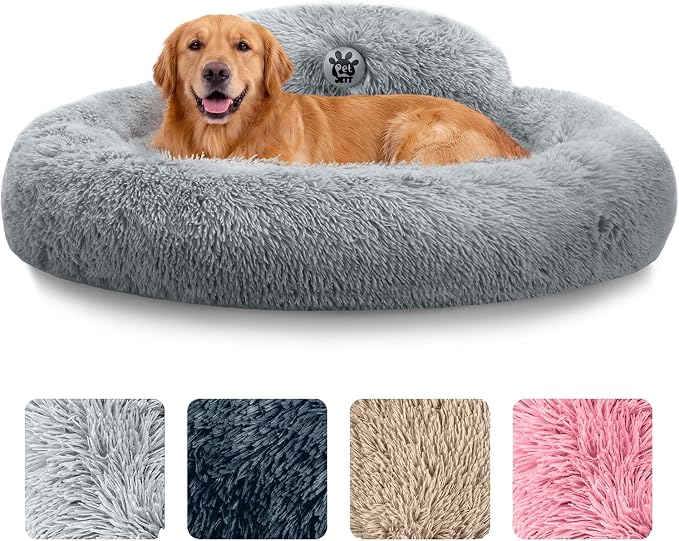 PetJett Dog Beds Large Sized Dog - 36'' Calming Round Bed, Washable Dog Bed - Anti-Slip Super Soft Donut Bed, Fluffy Faux Fur Anti-Anxiety Premium Comfort Pet Bed, Fits Dogs up to 80 lbs - Bright Grey