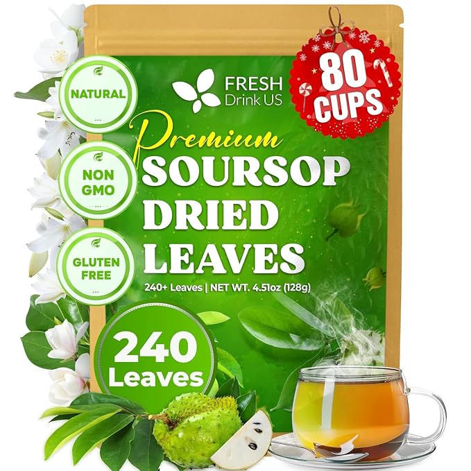 FreshDrinkUS, 240+ Premium Soursop Graviola Dried Leaves Tea, 230-250 Whole Soursop Leaves, Wildcrafted, Graviola , Guanabana , Hoja Guanabana, Loose Leaf Herbal , No Gluten, Vegan