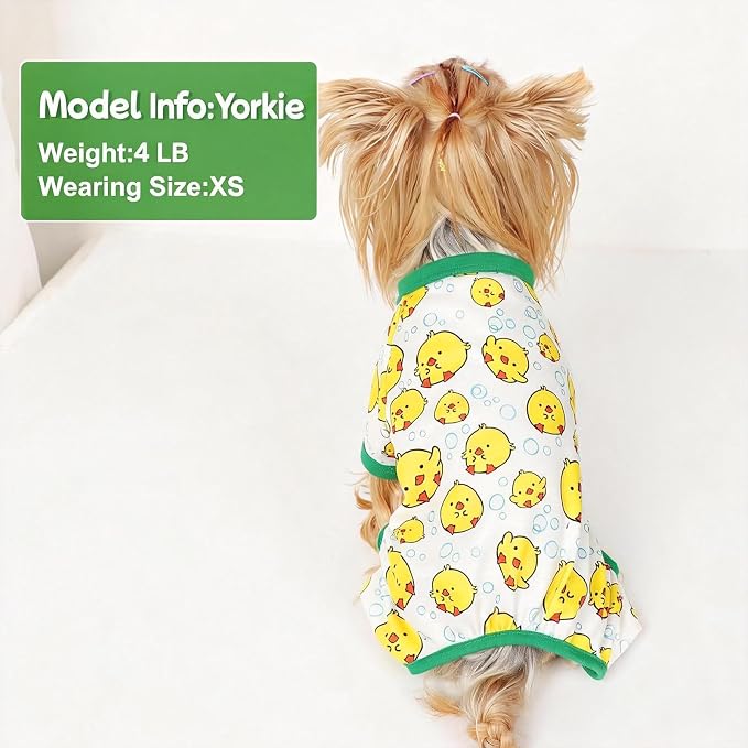 DaFuEn Dog Pajamas for Small Dogs, Soft Stretchy 4 Legs Puppy Jumpsuit, All Season Cozy Pet PJs for Chihuahua Yorkie Teacup Dogs, Cat Clothes (Yellow Bird, XS)