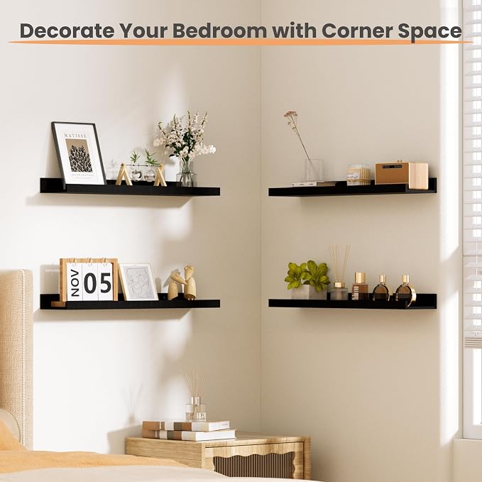 upsimples Floating Shelves for Wall Decor and Storage, Black, 6Pcs 23.6'' | Wall Mounted Wood Shelves for Living Room, Bedroom, Bathroom, Kitchen, Office, Nursery Room, Coffee Bar Display and Organize