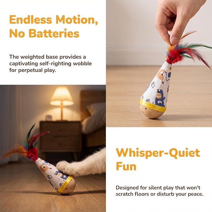 Natural Beechwood Cat Toy, 2-Pack Weeble Wobble Tumbler Toy for Indoor Cats & Small Dogs, Self-Righting Interactive Toy with Colorful Feathers, Silent Battery-Free Play for Solo Exercise