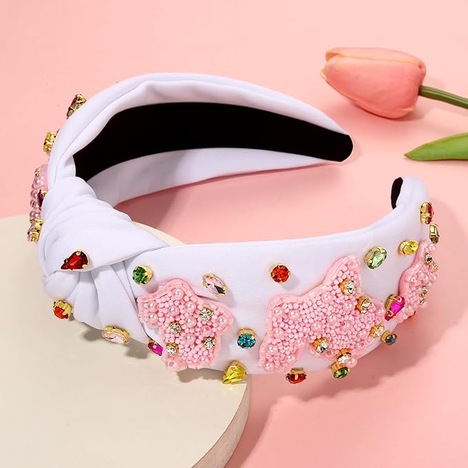 mokkia Easter Headbands Beaded Rabbit Bunny Headband for Women Pink Spring Knotted Headband Easter Hair Accessories Gifts